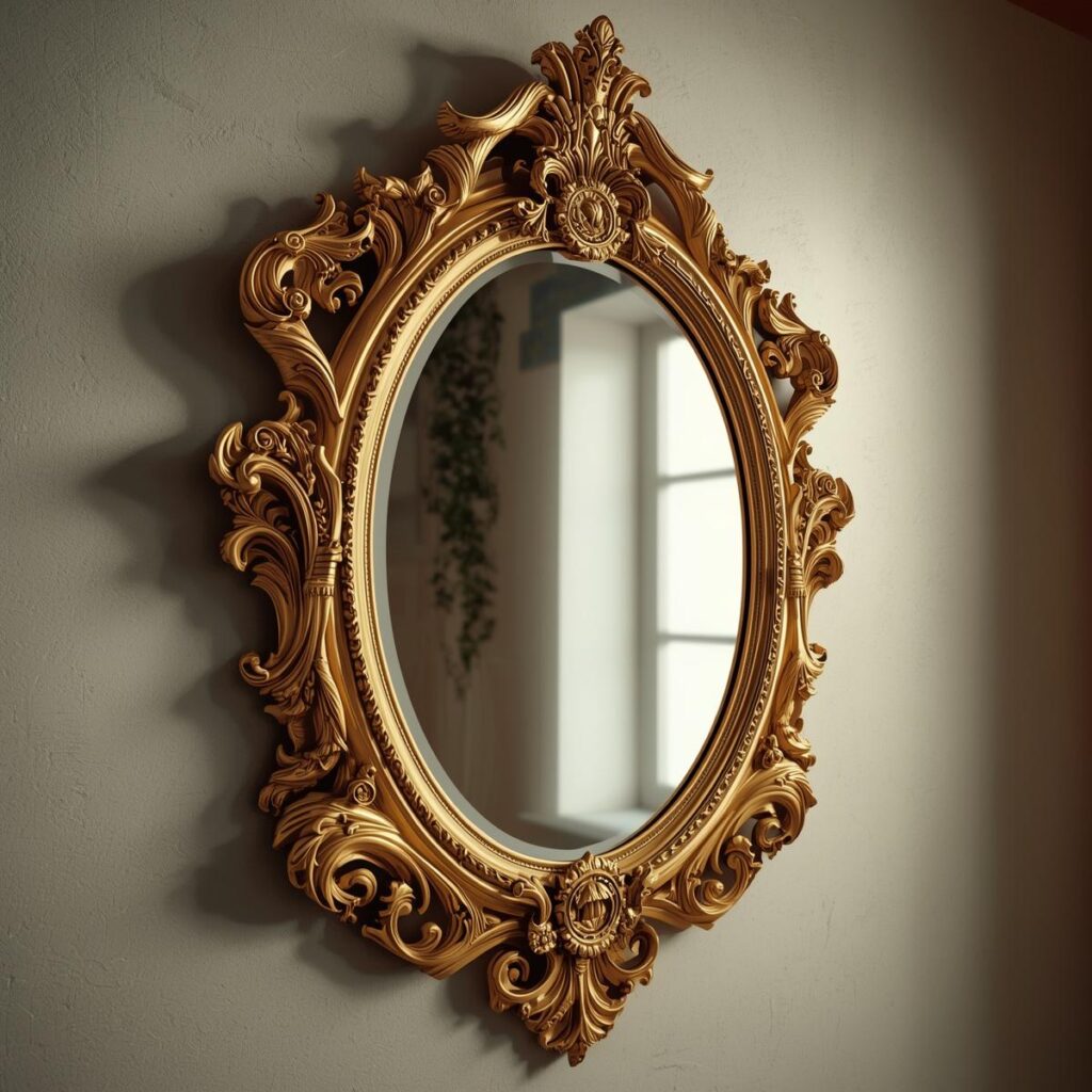 a decorative mirror with an intricate frame hanging on a wall.