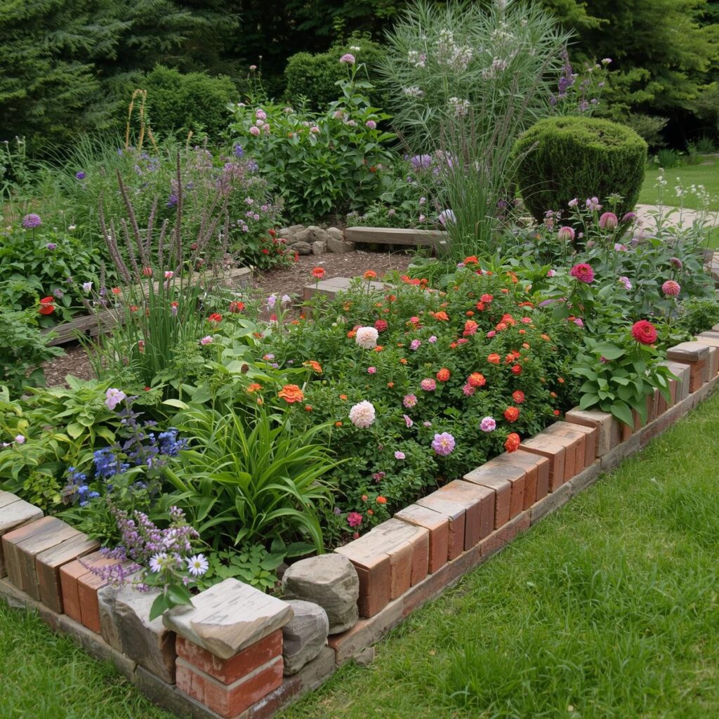 a garden with creative borders made of stones, bricks, or wood.2