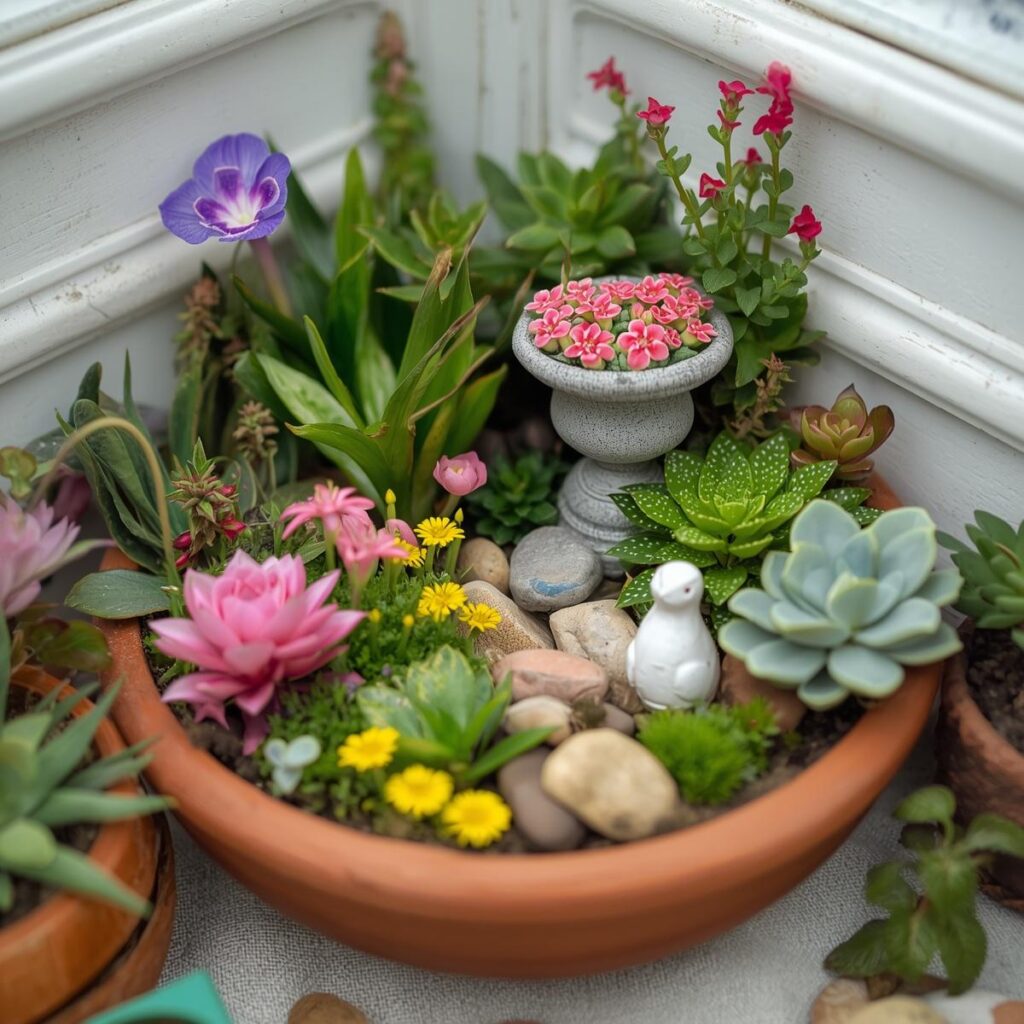 a small container beautiful colourful or corner garden with plants, stones, and ornaments.