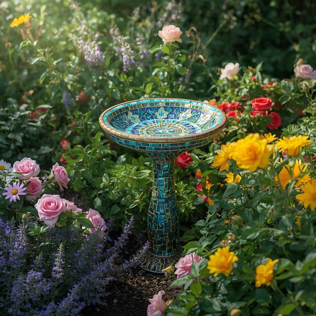 a small, decorative mosaic bird bath surrounded by flowers.