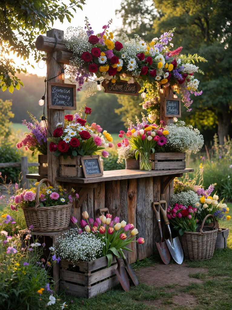 Rustic wooden bloom bar with shelves and wooden crates filled with colorful flowers and greenery, decorated with string lights in a garden setting.