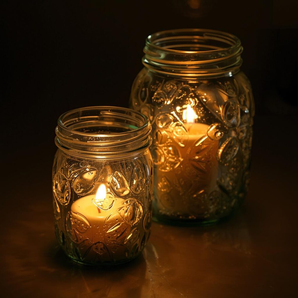 handmade candle holders made from beautiful glass jars with candles lit.