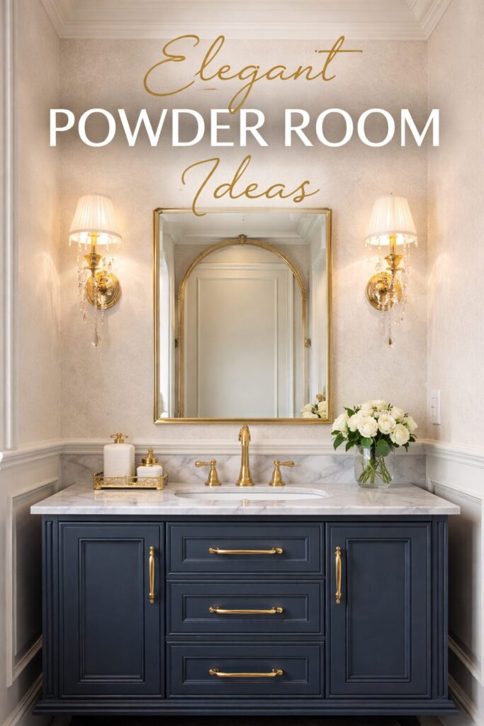 Powder room interior with navy blue vanity, gold fixtures, marble countertop, arched mirror, wall sconces, and fresh flowers.