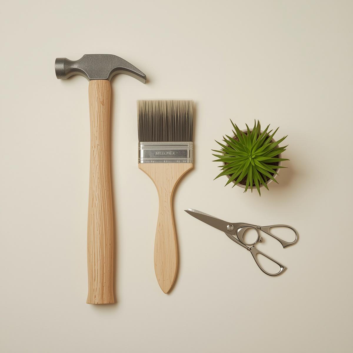 minimalist flat lay of diy tools (paintbrush, hammer, scissors, small plant) arranged neatly on a neutral background.