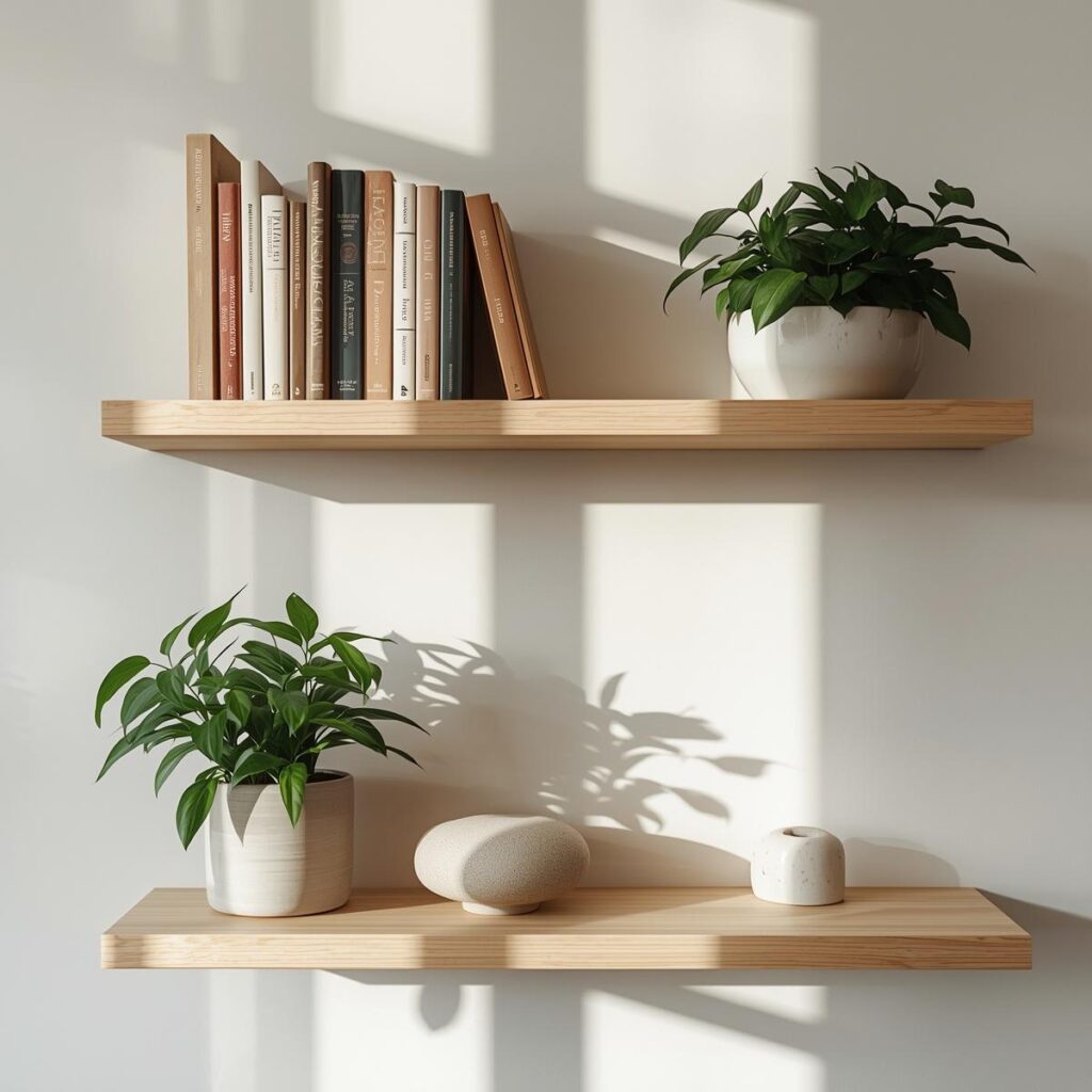 minimalist floating shelves holding books, plants, and small décor.