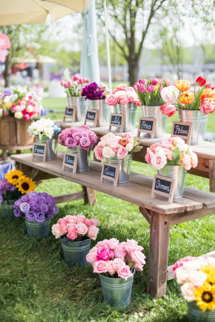 Wildflower bloom bar with rustic table, baskets of colorful wildflowers, and glass jars in an outdoor meadow setting.