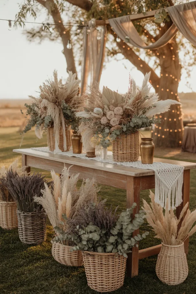 Boho-style bloom bar with dried flowers, pampas grass, fresh blooms, and woven baskets on a rustic table in an outdoor garden setting.