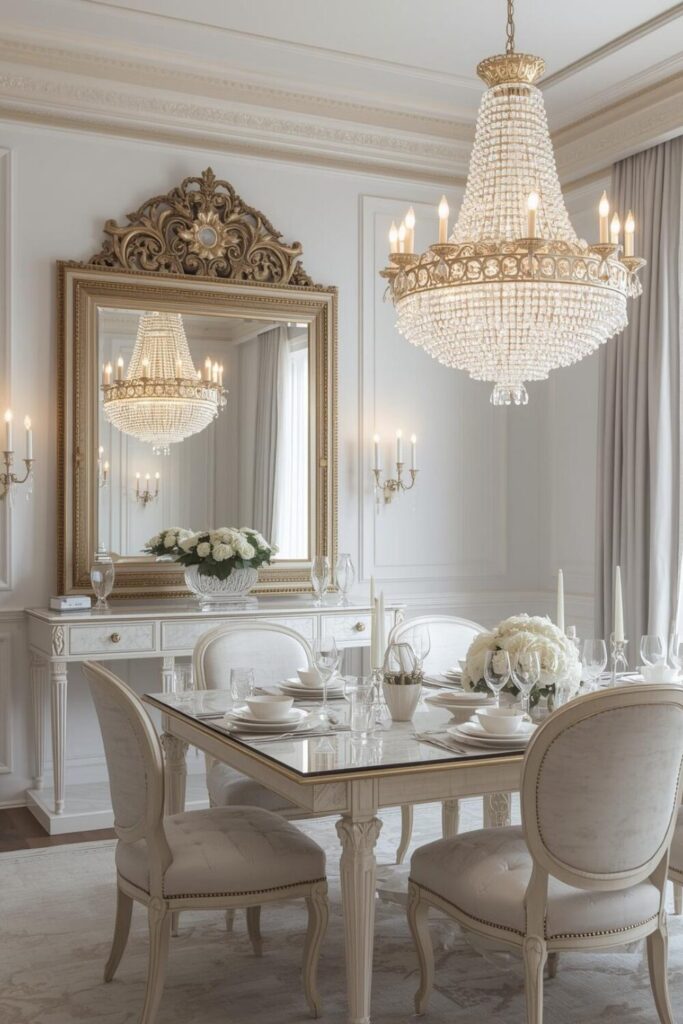 23 Ways to Create a Mirror Aesthetic Ideas in Your Space Decorative mirror reflecting chandelier in dining room.