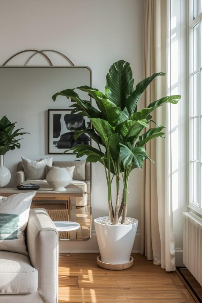 23 Ways to Create a Mirror Aesthetic Ideas in Your Space Mirror reflecting indoor plants in living room.