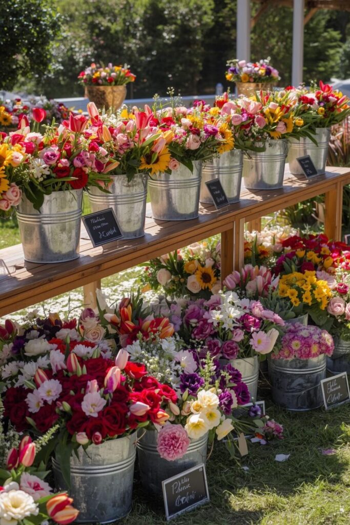 Floral bucket bloom bar with large galvanized buckets filled with colorful flowers arranged for guests to create bouquets.