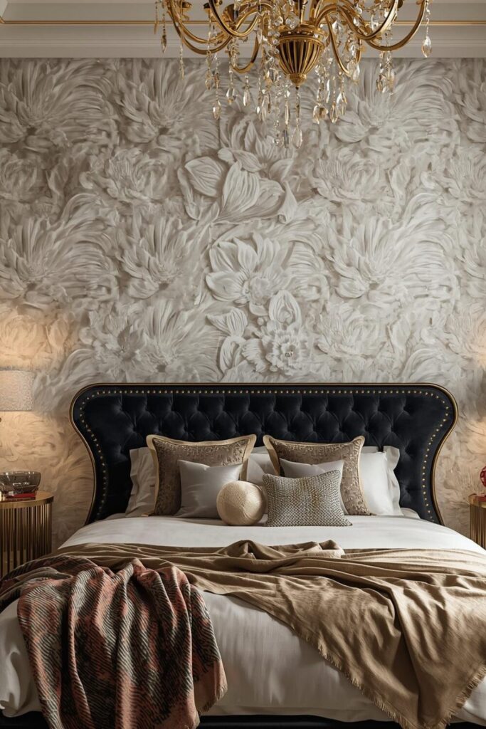 Elegant 3D floral wallpaper in luxury bedroom