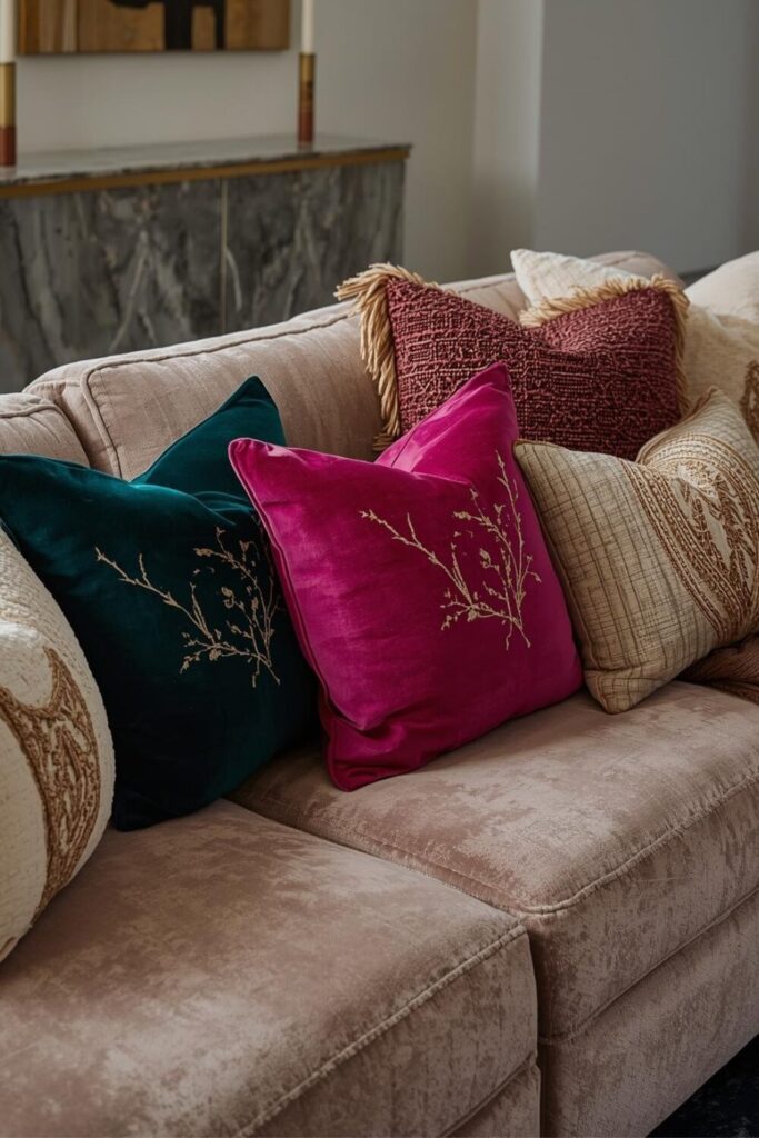 Luxury velvet cushions in vibrant colors on sofa