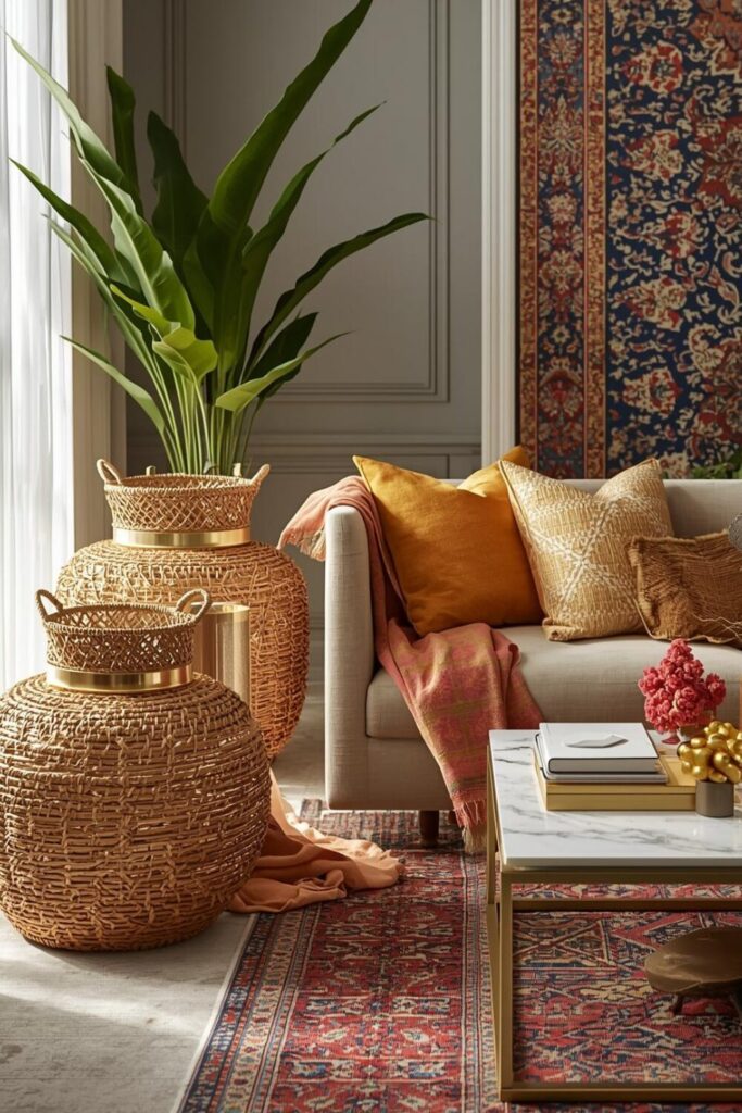 Trendy woven baskets with colorful throws and plants