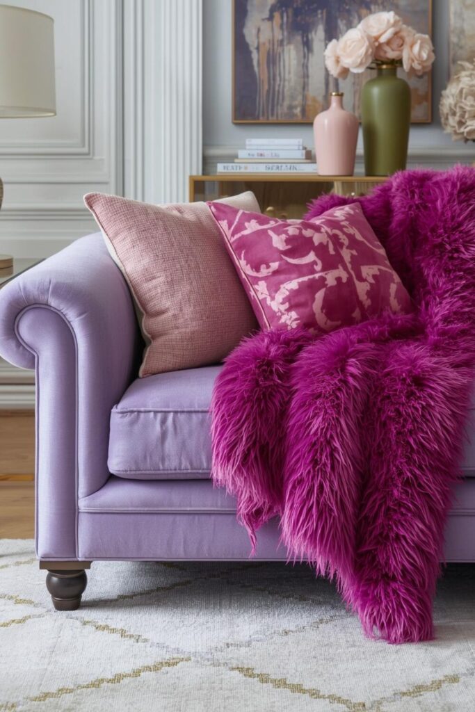 Luxury colorful shaggy throws on sofa