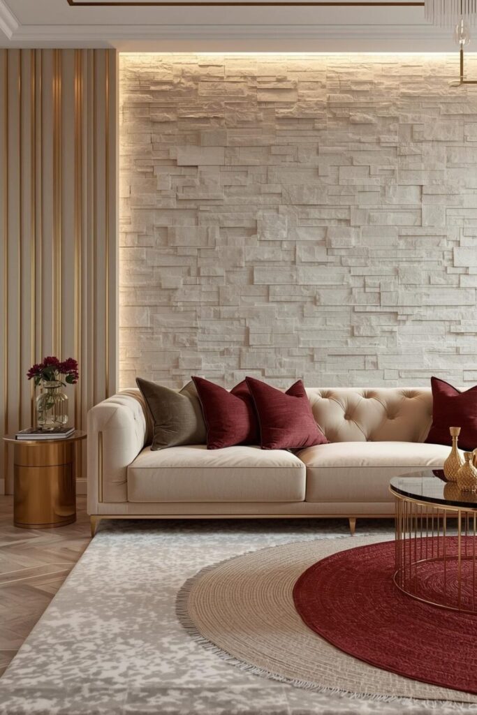 Stone accent wall with luxurious colorful interiors