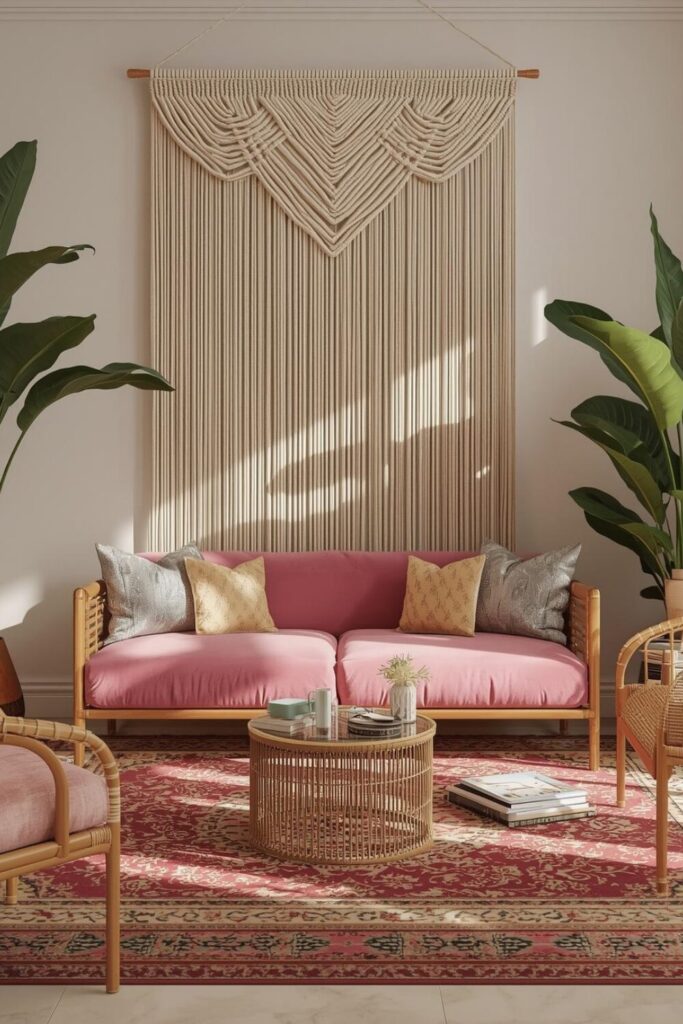 Luxury macramé wall hanging in boho-chic interior