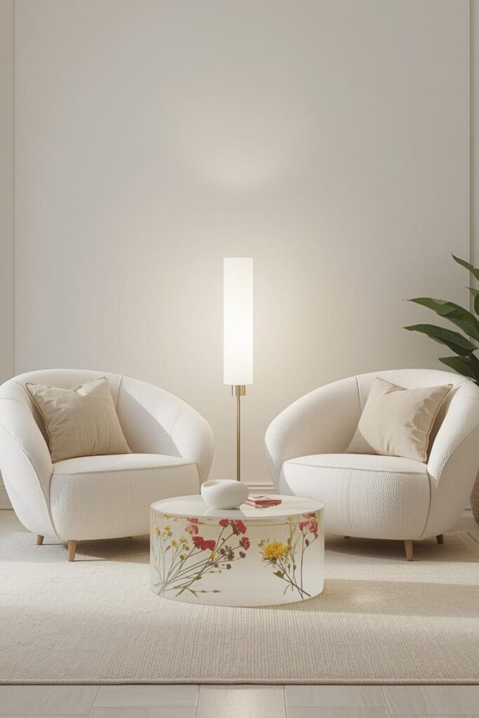 Minimalist luxury living room with white bouclé armchairs and resin flower table