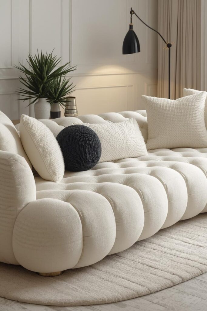 Full cream sofa with white bouclé round cushions and dark ball-shaped pillow