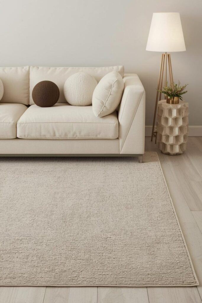 Layered neutral rugs with light sofa and bouclé cushions