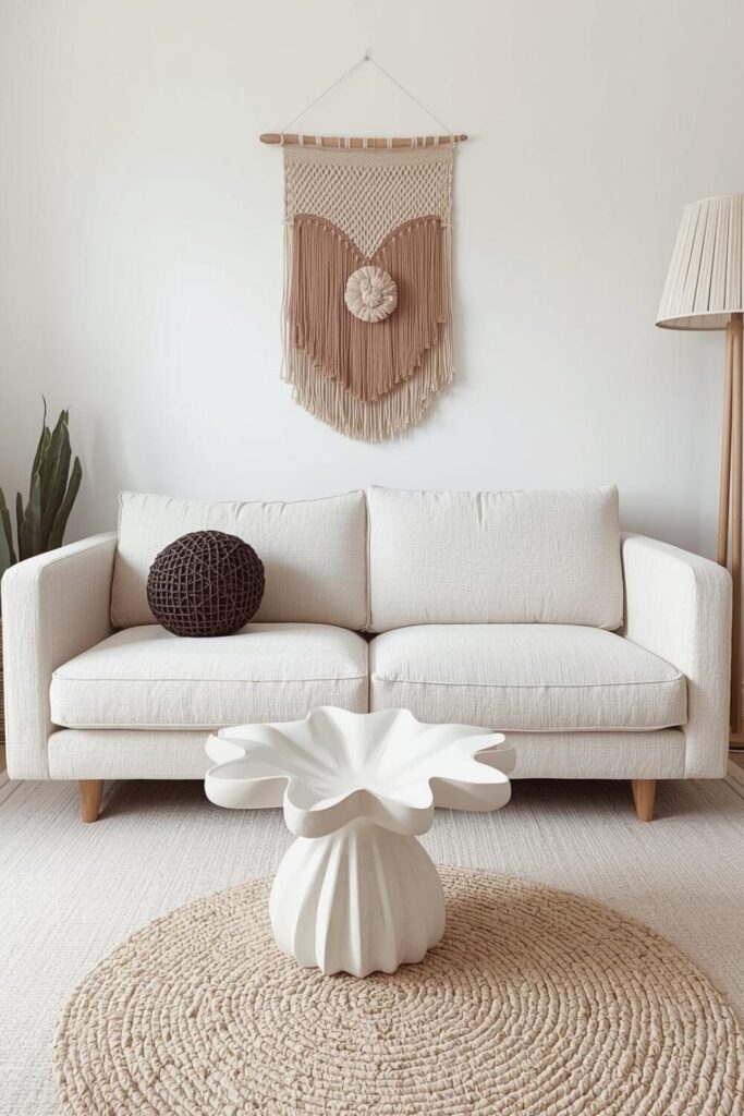 Woven wall hanging with light sofa and bouclé cushions