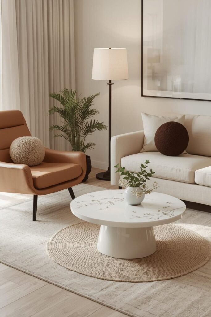 Elegant caramel leather chair with linen sofa and bouclé cushions