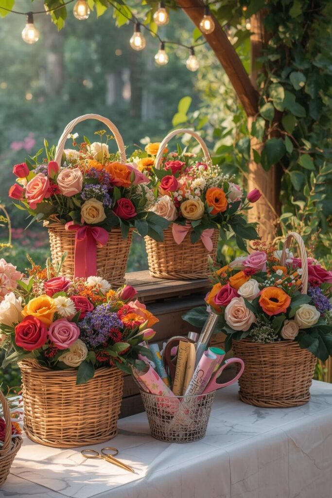 Basket bloom bar with luxury woven baskets filled with colorful flowers, greenery, and bouquet-making supplies on a garden table.