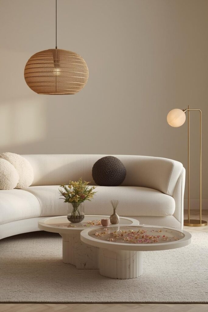 Elegant living room with woven pendant light and layered lighting
