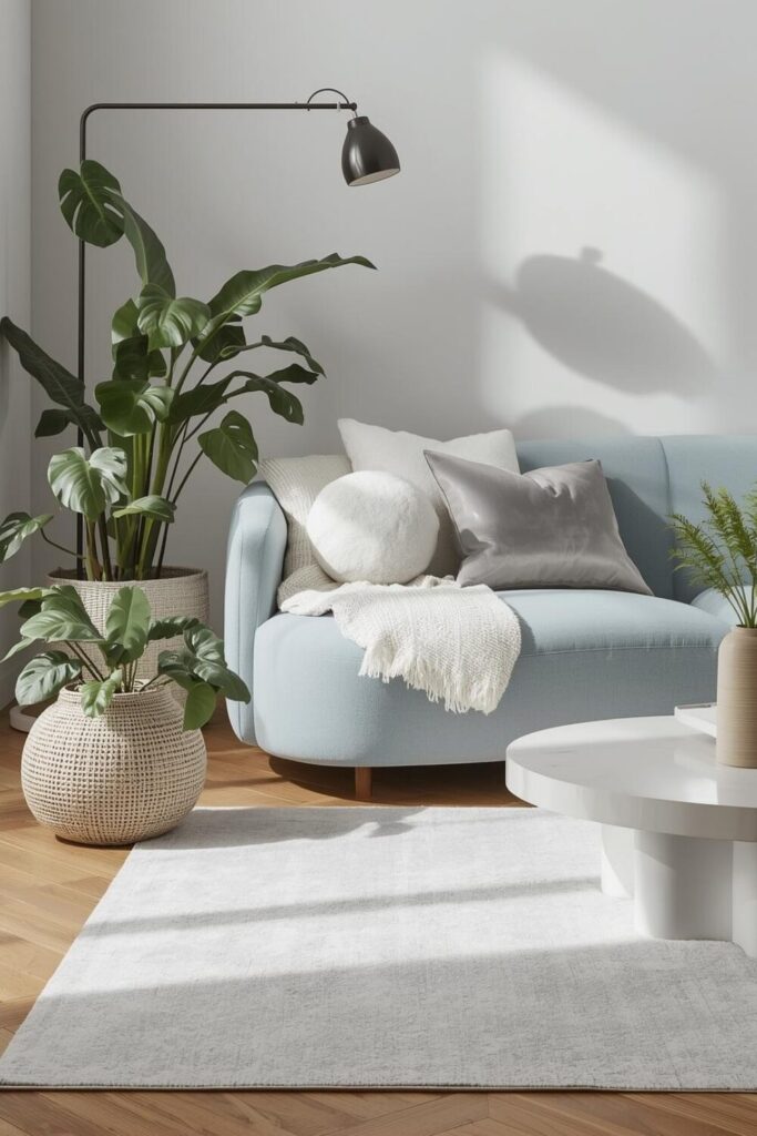 Elegant living room with monstera plant and textured planters