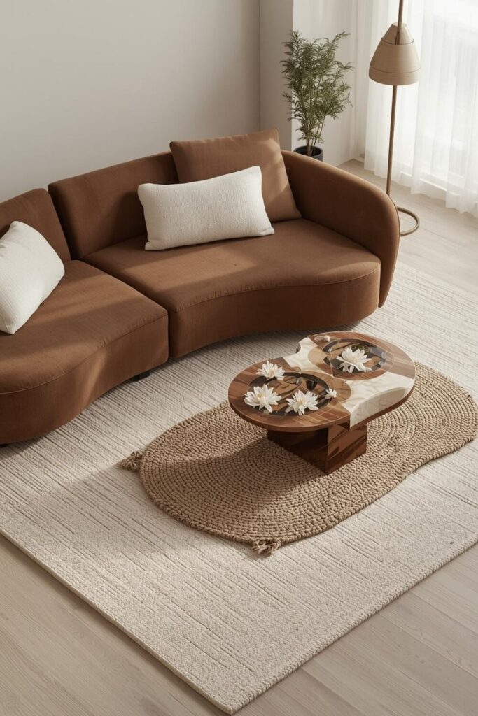 Layered neutral rugs under cream sofa in elegant living room