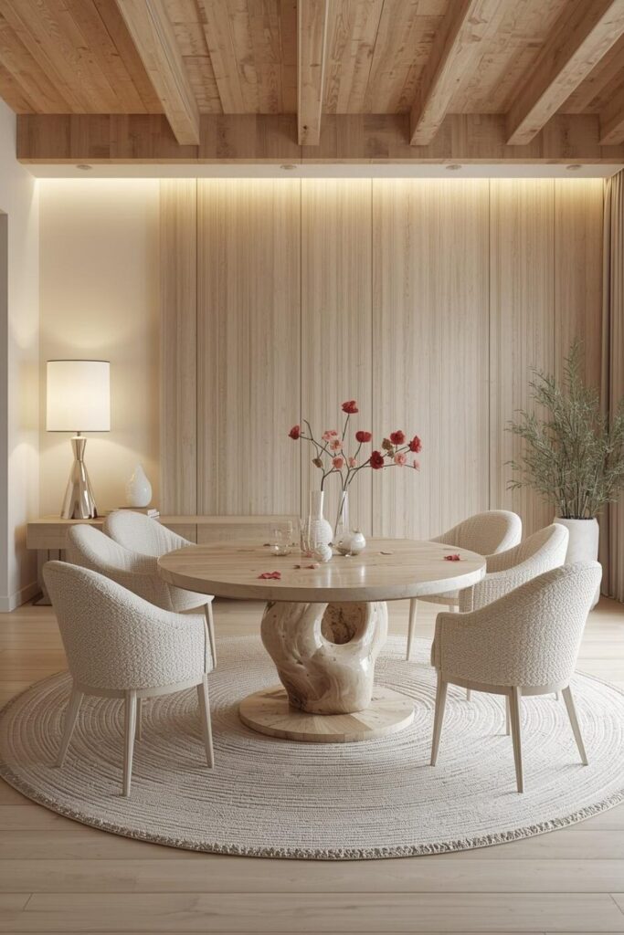 dining room with natural wood beams and chairs