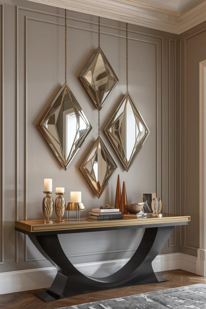 23 Ways to Create a Mirror Aesthetic Ideas in Your Space Geometric diamond hanging mirrors above a console table creating an elegant mirror wall décor.