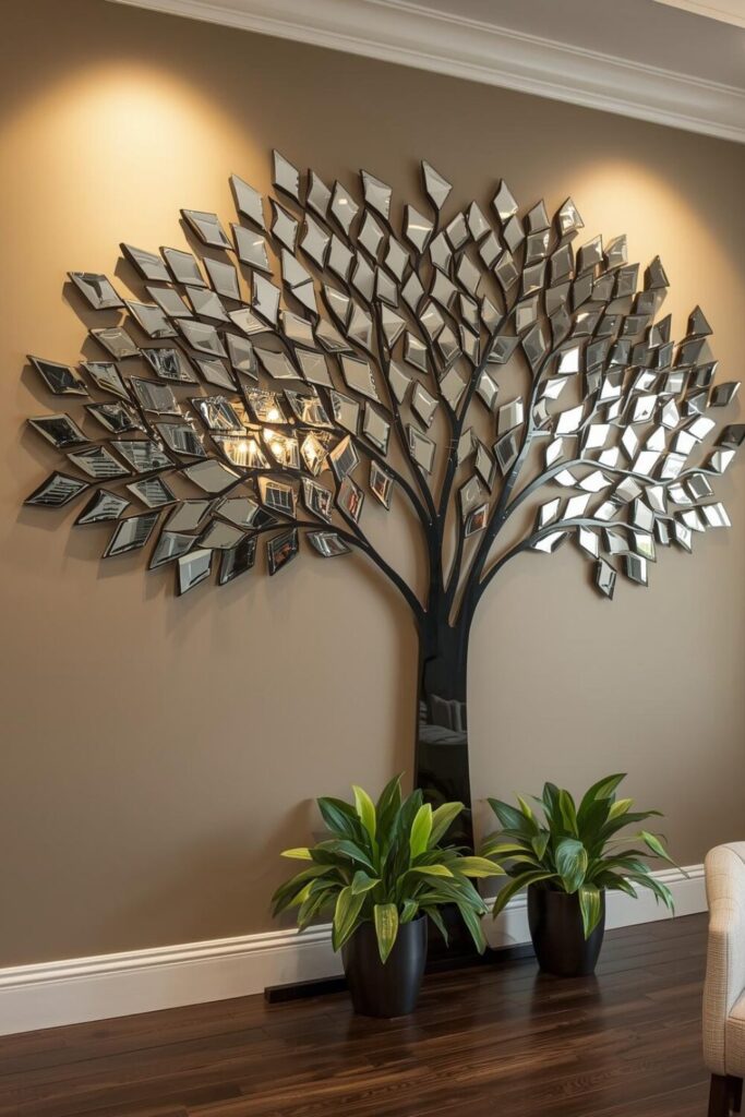 23 Ways to Create a Mirror Aesthetic Ideas in Your Space Large tree shaped decorative mirror wall art in an elegant living room.