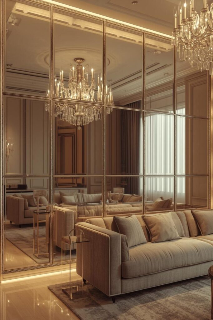 23 Ways to Create a Mirror Aesthetic Ideas in Your Space Mirror accent wall reflecting chandelier light.