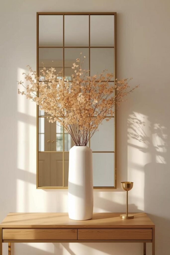 23 Ways to Create a Mirror Aesthetic Ideas in Your Space Round mirror above console table in entryway.