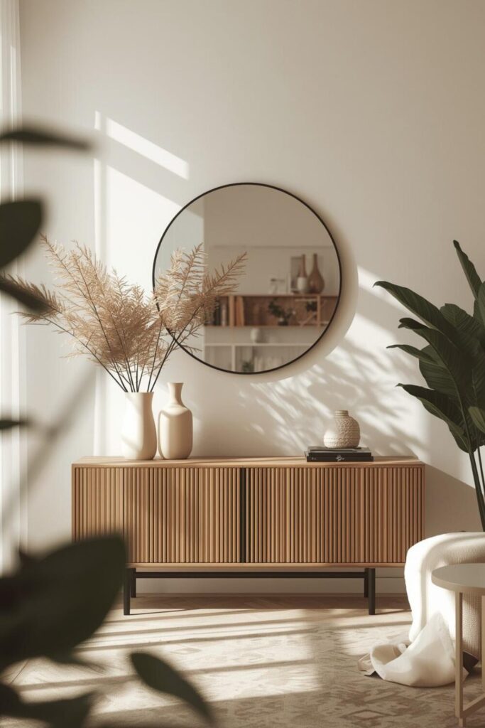 23 Ways to Create a Mirror Aesthetic Ideas in Your Space Minimalist round mirror wall decor.