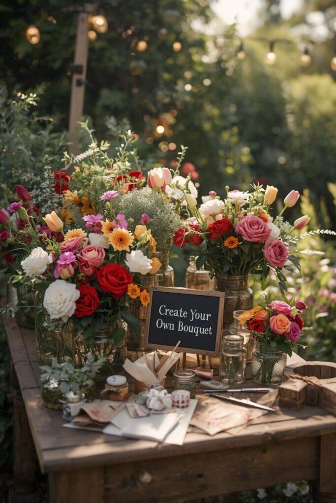 DIY bouquet station bloom bar with fresh flowers, floral tools, and a sign inviting guests to create their own bouquets.