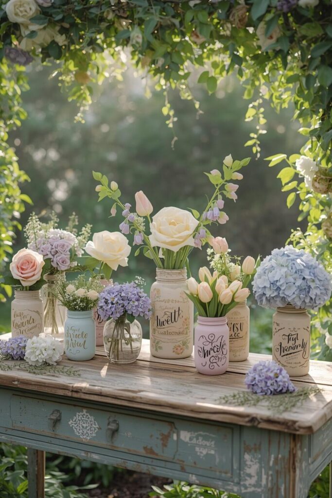 Pastel garden bloom bar with blush pink, lavender, soft yellow, and baby blue flowers arranged in pastel jars on a rustic table.
