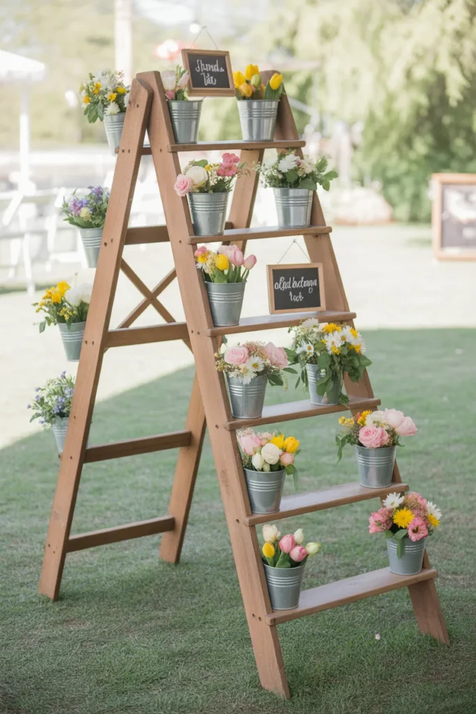 Floral ladder bloom bar with small buckets and jars of fresh flowers hanging on the steps of a rustic wooden ladder in a garden setting.