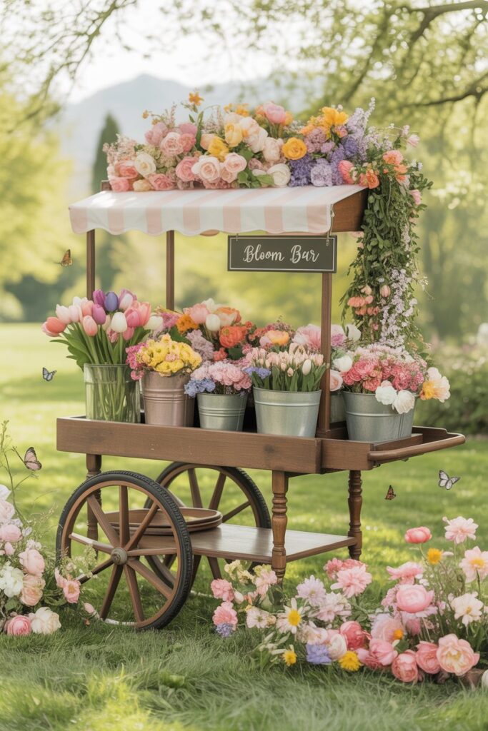Vintage flower cart bloom bar filled with colorful fresh flowers in buckets and baskets for a garden party setup.