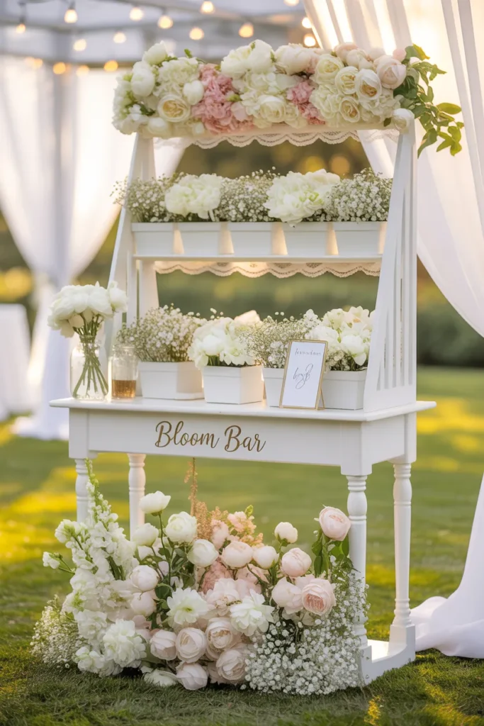 Elegant white wedding bloom bar with fresh white roses and pastel flowers arranged in boxes on a decorative flower stand.