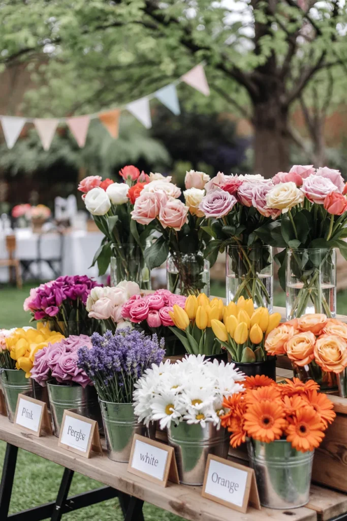Color-coordinated bloom bar with flowers arranged by color in buckets and vases on a decorative table.