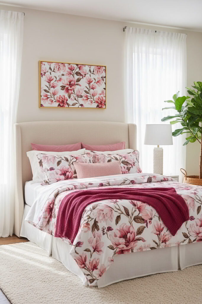 Soft pink garden florals create the ultimate dreamy retreat.