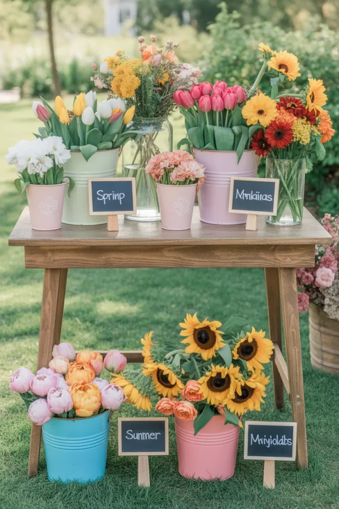Seasonal bloom bar with fresh flowers arranged in rustic wooden crates and vases, featuring flowers specific to the current season.