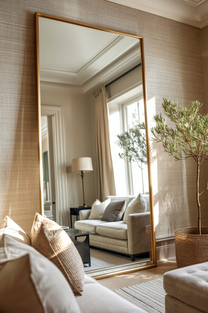 23 Ways to Create a Mirror Aesthetic Ideas in Your Space Oversized floor mirror leaning against the wall in a modern living room.