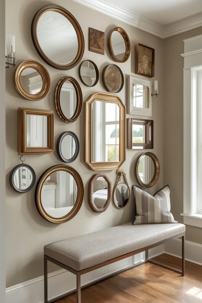 23 Ways to Create a Mirror Aesthetic Ideas in Your Space Mirror gallery wall with different shapes creating a decorative display.