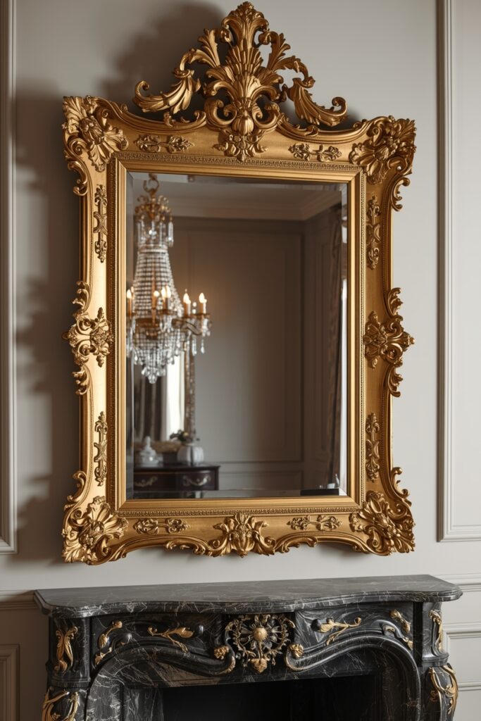 23 Ways to Create a Mirror Aesthetic Ideas in Your Space Elegant gold frame mirror above a decorative console table.