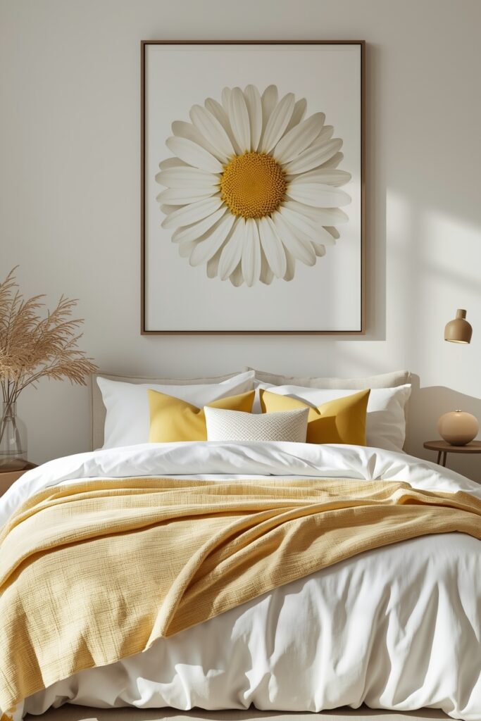 Yellow daisy spring bedroom with matching artwork and bedding.