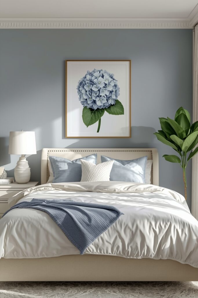 Blue hydrangea floral bedroom with matching bedding and art.