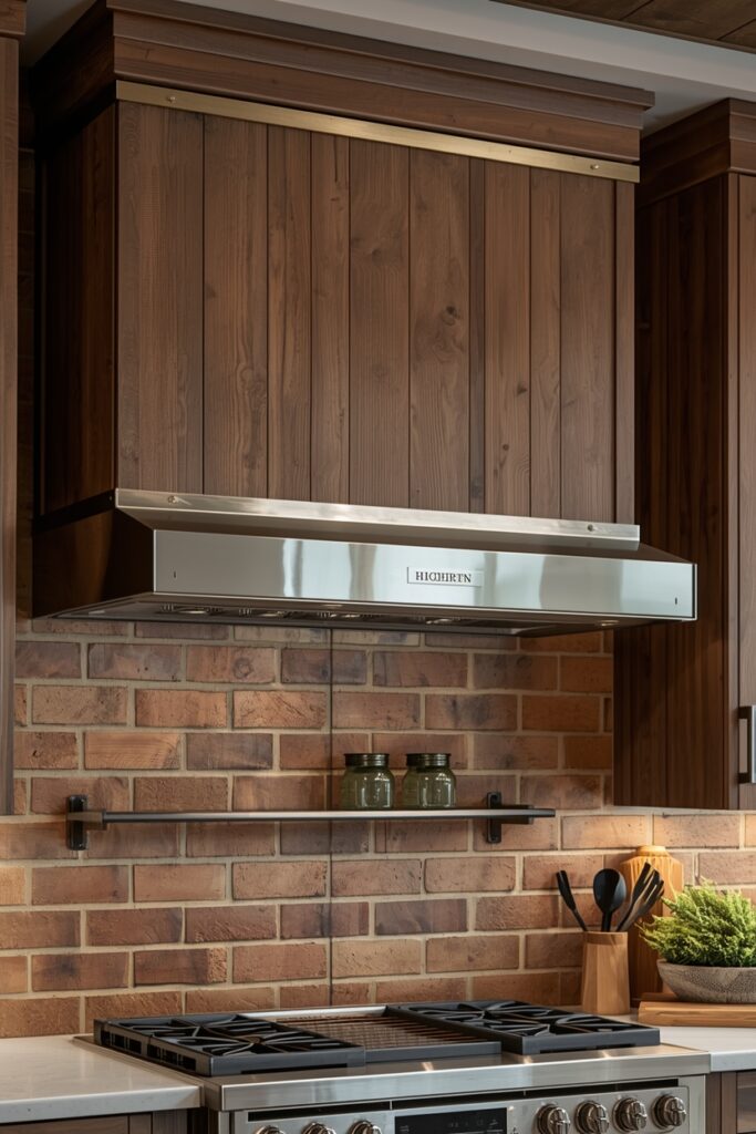 "DIY industrial painted wood vent hood with metal trim"