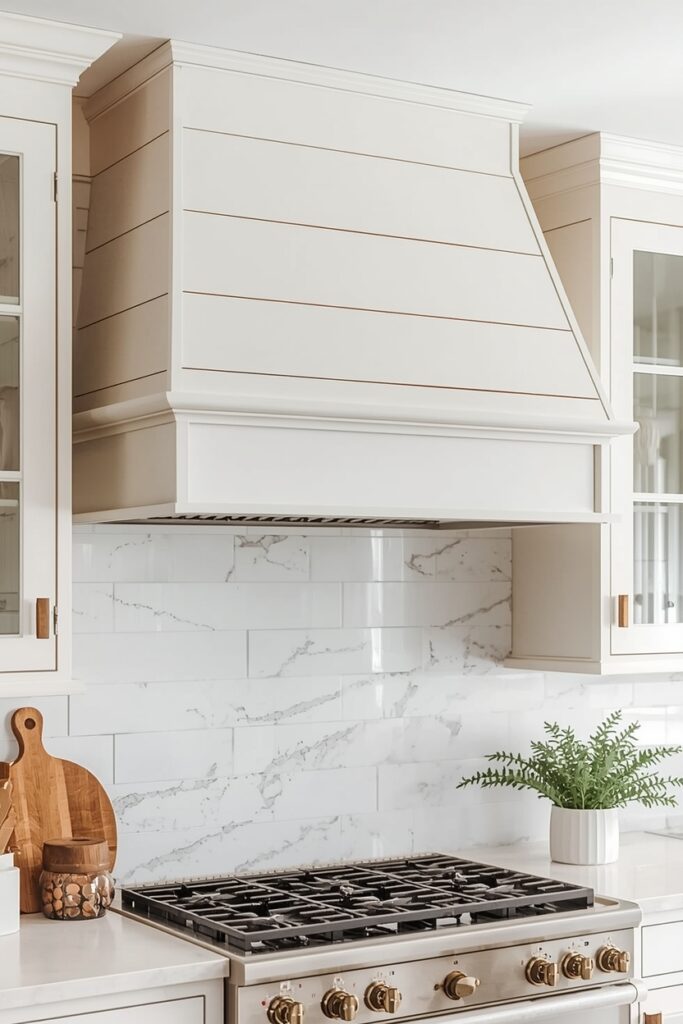 “DIY shiplap vent hood cover with horizontal wood panels in farmhouse kitchen”